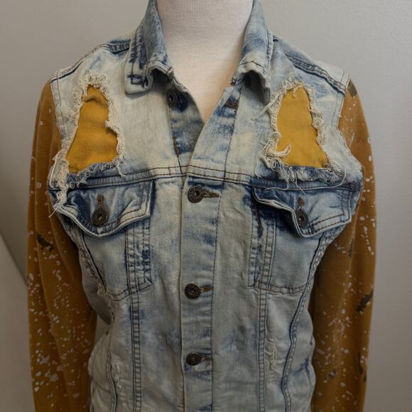 Evolution In Design Paint-Splattered Sleeve Denim Jacket Sz XL Distressed Rocker - Picture 3 of 9